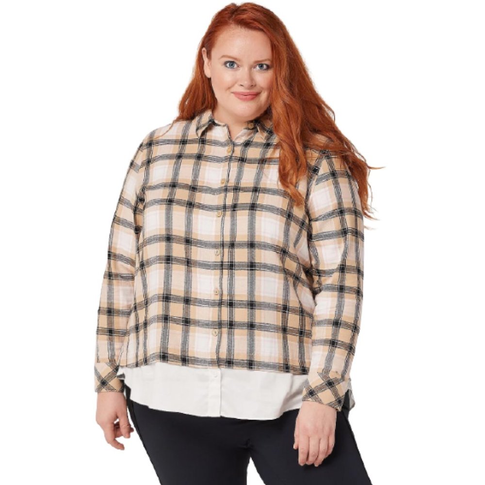 Isaac Mizrahi Live! Plus 22 Plaid Button Front Layered Shirt Neutral Tan 22W